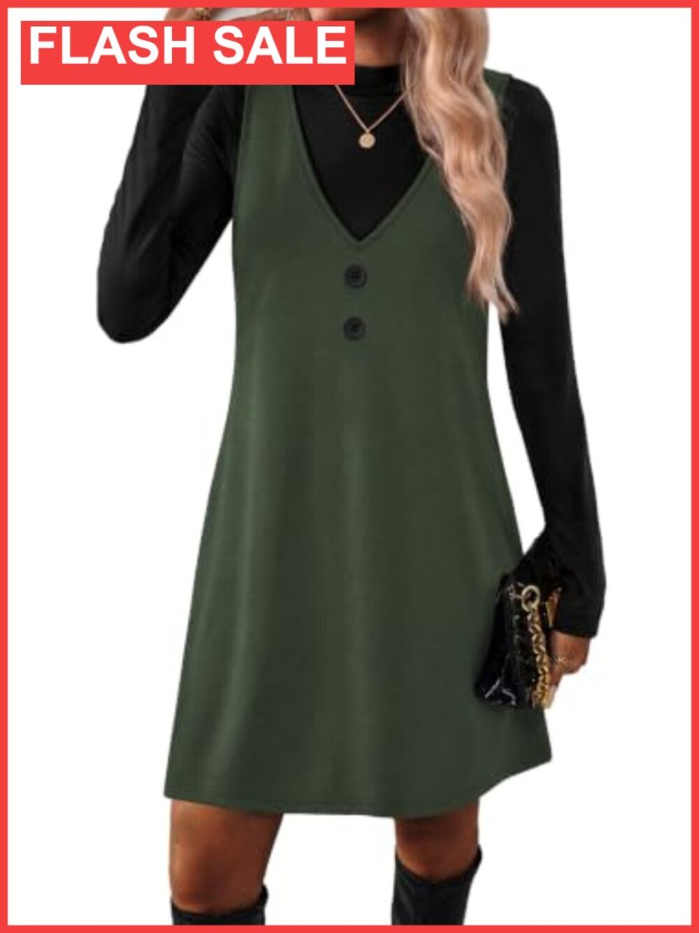 2 Piece Set Long Sleeve Mock Neck Top A-Line Overall Dress with Pockets Above